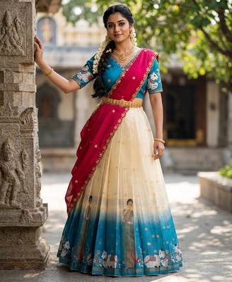 Beautiful South Indian Style Semi-Stitched Half Saree with Embroidery Work Blouse and Dupatta for Women 2