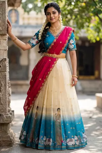 Beautiful South Indian Style Semi-Stitched Half Saree with Embroidery Work Blouse and Dupatta for Women