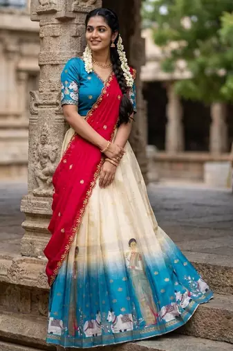 Beautiful South Indian Style Semi-Stitched Half Saree with Embroidery Work Blouse and Dupatta for Women