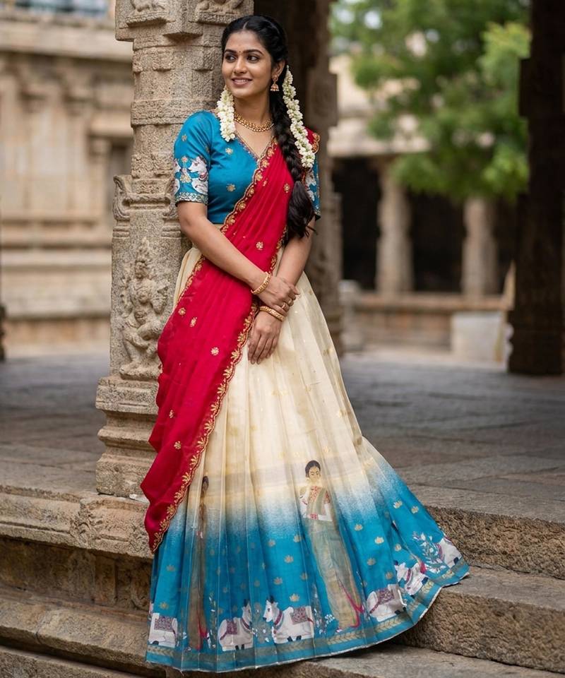 Beautiful South Indian Style Semi-Stitched Half Saree with Embroidery Work Blouse and Dupatta for Women