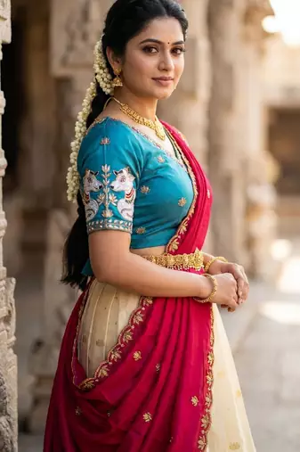 Beautiful South Indian Style Semi-Stitched Half Saree with Embroidery Work Blouse and Dupatta for Women