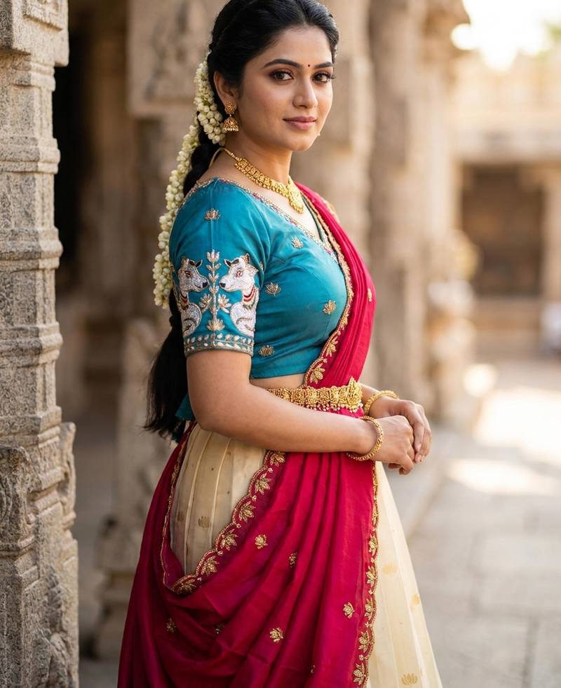 Beautiful South Indian Style Semi-Stitched Half Saree with Embroidery Work Blouse and Dupatta for Women