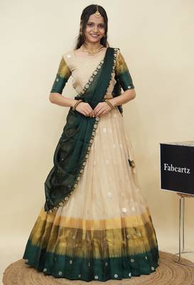 Beautiful South Indian Style Semi-Stitched Half Saree with  Blouse and Hand Work Dupatta for Women 1