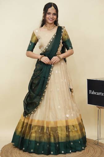 Beautiful South Indian Style Semi-Stitched Half Saree with  Blouse and Hand Work Dupatta for Women