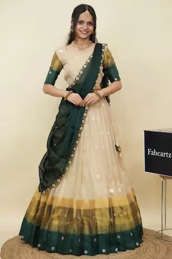 Beautiful South Indian Style Semi-Stitched Half Saree with  Blouse and Hand Work Dupatta for Women