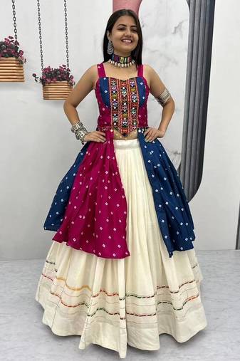 Rani Pink Khadi Cotton Mirror Work Navratri Wear Readymade Lehenga Choli