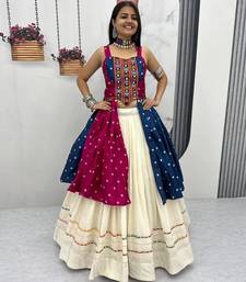 Rani Pink Khadi Cotton Mirror Work Navratri Wear Readymade Lehenga Choli