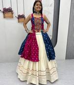 Rani Pink Khadi Cotton Mirror Work Navratri Wear Readymade Lehenga Choli