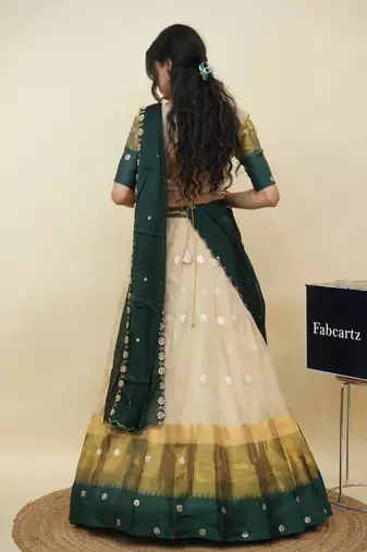 Beautiful South Indian Style Semi-Stitched Half Saree with  Blouse and Hand Work Dupatta for Women