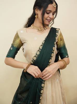 Beautiful South Indian Style Semi-Stitched Half Saree with  Blouse and Hand Work Dupatta for Women 3