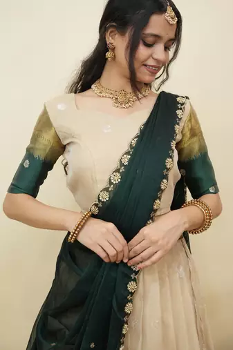 Beautiful South Indian Style Semi-Stitched Half Saree with  Blouse and Hand Work Dupatta for Women