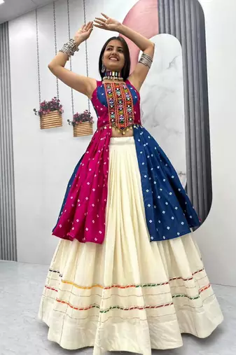 Rani Pink Khadi Cotton Mirror Work Navratri Wear Readymade Lehenga Choli