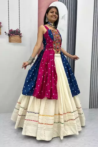 Rani Pink Khadi Cotton Mirror Work Navratri Wear Readymade Lehenga Choli
