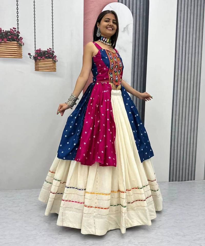 Rani Pink Khadi Cotton Mirror Work Navratri Wear Readymade Lehenga Choli