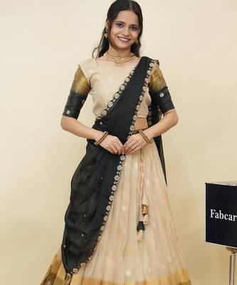 Beautiful South Indian Style Semi-Stitched Half Saree with  Blouse and Hand Work Dupatta for Women 1