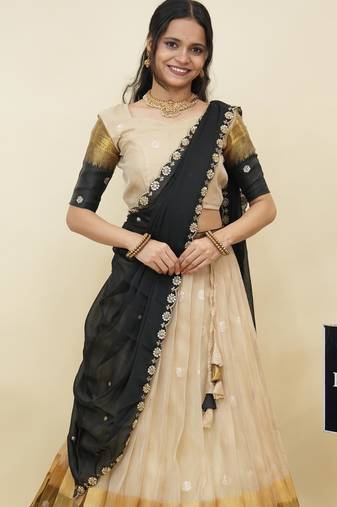 Beautiful South Indian Style Semi-Stitched Half Saree with  Blouse and Hand Work Dupatta for Women