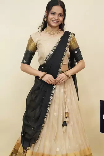 Beautiful South Indian Style Semi-Stitched Half Saree with  Blouse and Hand Work Dupatta for Women