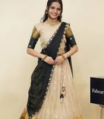 Beautiful South Indian Style Semi-Stitched Half Saree with  Blouse and Hand Work Dupatta for Women