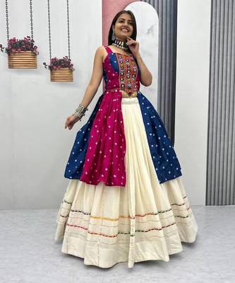 Rani Pink Khadi Cotton Mirror Work Navratri Wear Readymade Lehenga Choli 4