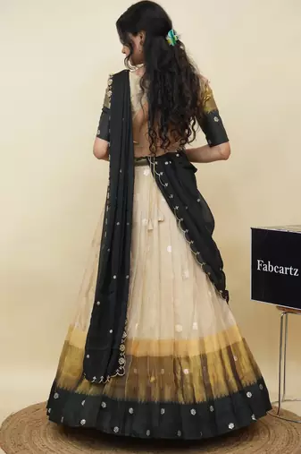 Beautiful South Indian Style Semi-Stitched Half Saree with  Blouse and Hand Work Dupatta for Women