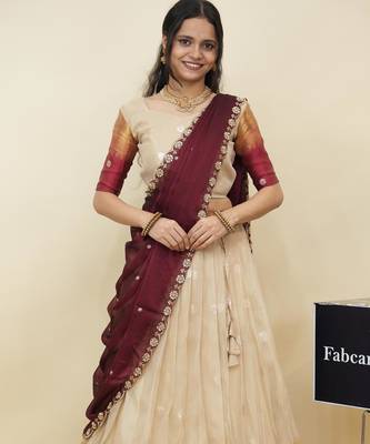 Beautiful South Indian Style Semi-Stitched Half Saree with  Blouse and Hand Work Dupatta for Women 1