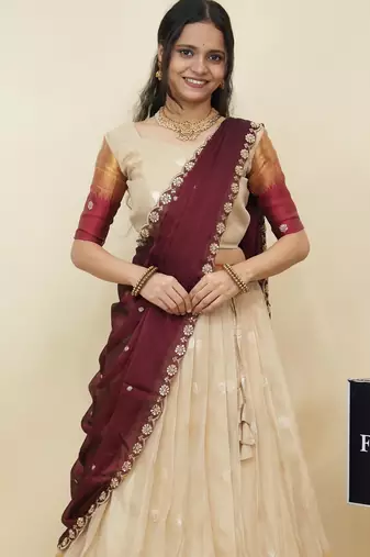 Beautiful South Indian Style Semi-Stitched Half Saree with  Blouse and Hand Work Dupatta for Women