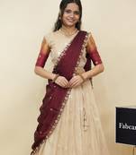 Beautiful South Indian Style Semi-Stitched Half Saree with  Blouse and Hand Work Dupatta for Women