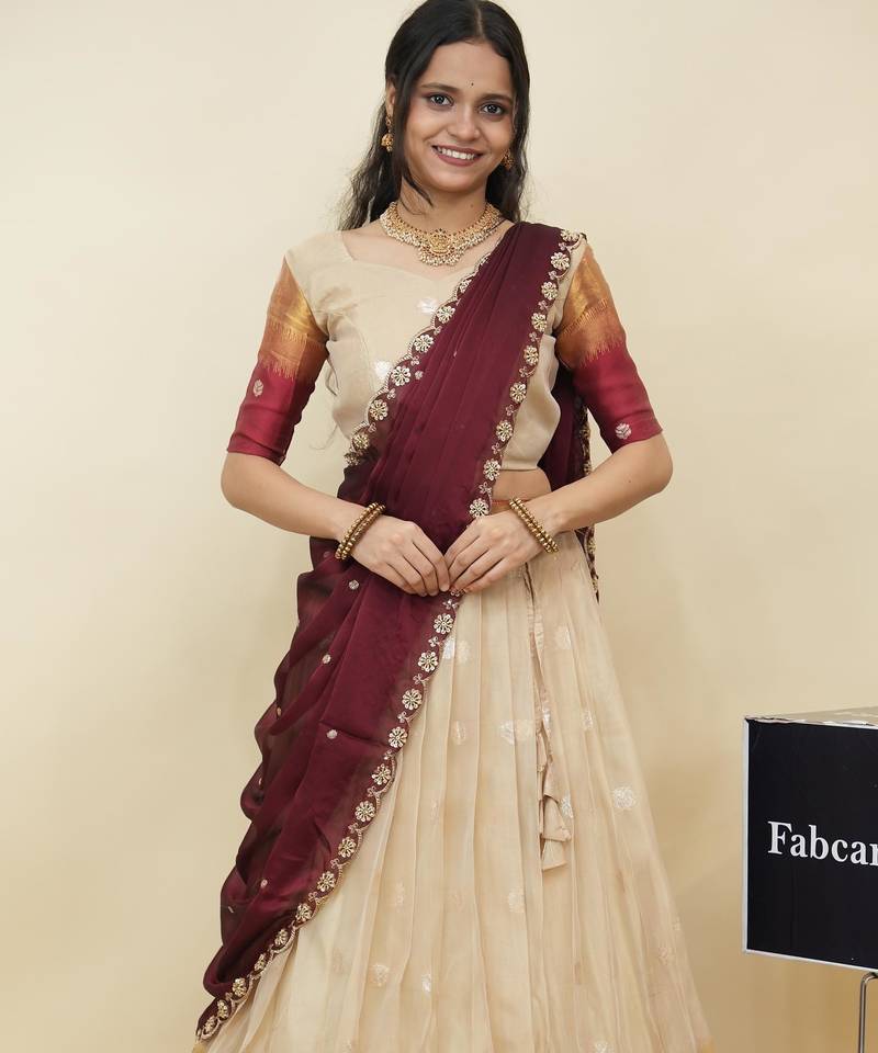 Beautiful South Indian Style Semi-Stitched Half Saree with  Blouse and Hand Work Dupatta for Women
