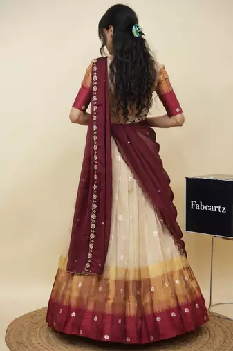 Beautiful South Indian Style Semi-Stitched Half Saree with  Blouse and Hand Work Dupatta for Women