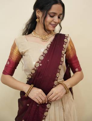 Beautiful South Indian Style Semi-Stitched Half Saree with  Blouse and Hand Work Dupatta for Women 3