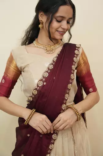 Beautiful South Indian Style Semi-Stitched Half Saree with  Blouse and Hand Work Dupatta for Women