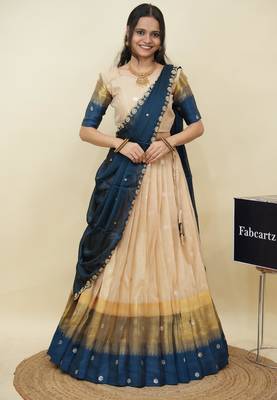 Beautiful South Indian Style Semi-Stitched Half Saree with  Blouse and Hand Work Dupatta for Women 1