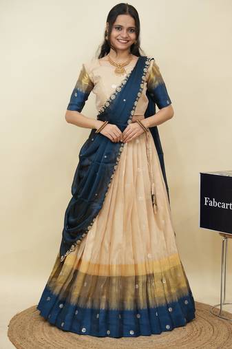 Beautiful South Indian Style Semi-Stitched Half Saree with  Blouse and Hand Work Dupatta for Women