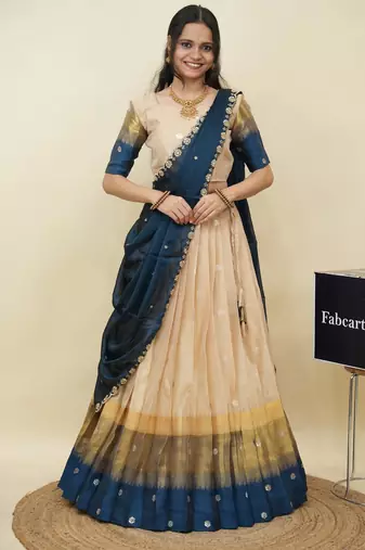 Beautiful South Indian Style Semi-Stitched Half Saree with  Blouse and Hand Work Dupatta for Women
