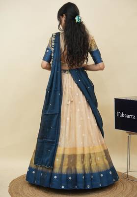 Beautiful South Indian Style Semi-Stitched Half Saree with  Blouse and Hand Work Dupatta for Women 2