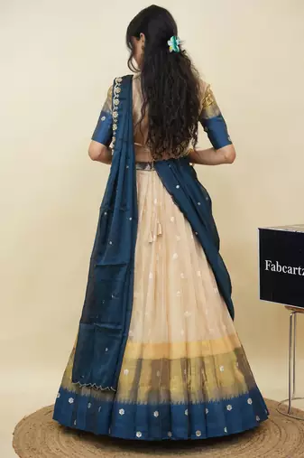 Beautiful South Indian Style Semi-Stitched Half Saree with  Blouse and Hand Work Dupatta for Women