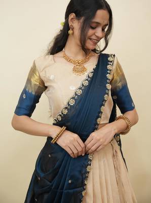 Beautiful South Indian Style Semi-Stitched Half Saree with  Blouse and Hand Work Dupatta for Women 3