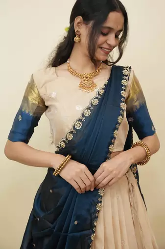 Beautiful South Indian Style Semi-Stitched Half Saree with  Blouse and Hand Work Dupatta for Women