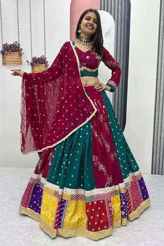 Women's Multicolor Navratri Chaniya Choli Set with Embroidered Patchwork Lehenga & Magenta Dupatta