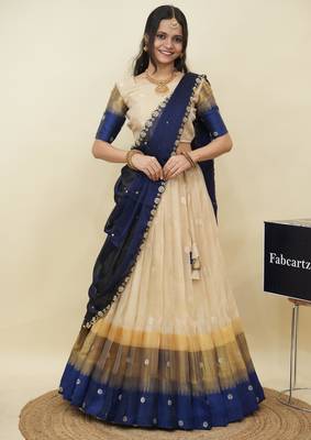 Beautiful South Indian Style Semi-Stitched Half Saree with  Blouse and Hand Work Dupatta for Women 1