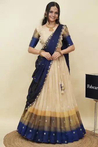 Beautiful South Indian Style Semi-Stitched Half Saree with  Blouse and Hand Work Dupatta for Women