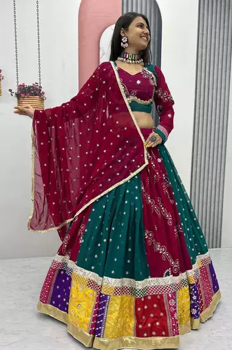 Women's Multicolor Navratri Chaniya Choli Set with Embroidered Patchwork Lehenga & Magenta Dupatta