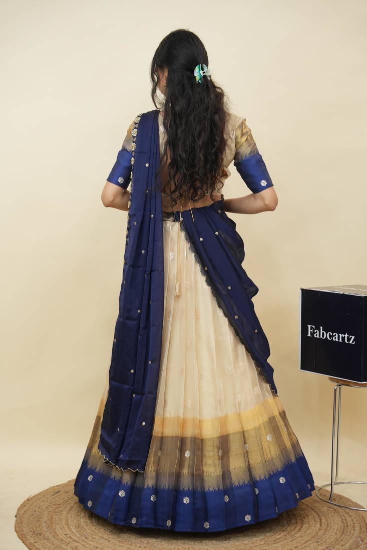 Beautiful South Indian Style Semi-Stitched Half Saree with  Blouse and Hand Work Dupatta for Women