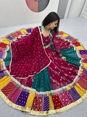 Women's Multicolor Navratri Chaniya Choli Set with Embroidered Patchwork Lehenga & Magenta Dupatta 3