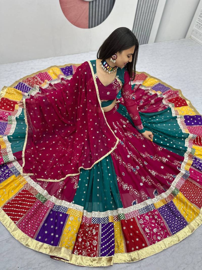 Women's Multicolor Navratri Chaniya Choli Set with Embroidered Patchwork Lehenga & Magenta Dupatta