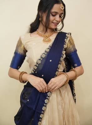 Beautiful South Indian Style Semi-Stitched Half Saree with  Blouse and Hand Work Dupatta for Women 3