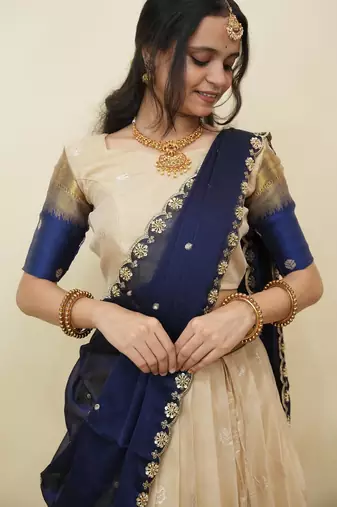 Beautiful South Indian Style Semi-Stitched Half Saree with  Blouse and Hand Work Dupatta for Women