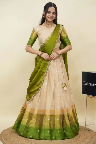 Beautiful South Indian Style Semi-Stitched Half Saree with  Blouse and Hand Work Dupatta for Women