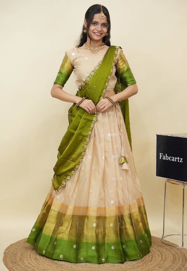 Beautiful South Indian Style Semi-Stitched Half Saree with  Blouse and Hand Work Dupatta for Women