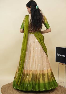 Beautiful South Indian Style Semi-Stitched Half Saree with  Blouse and Hand Work Dupatta for Women 2